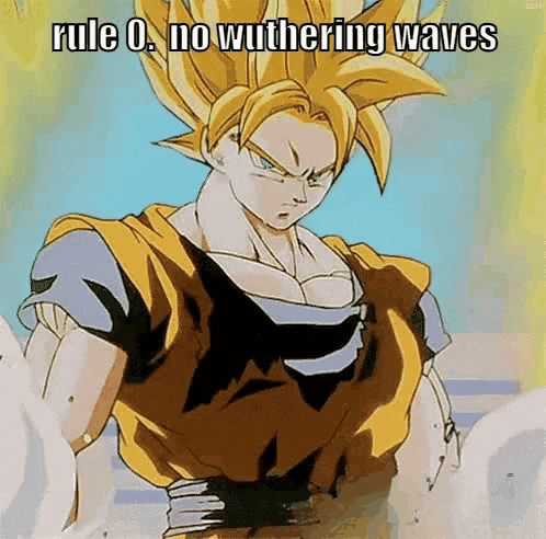 a picture of a cartoon character with the words rule 0 no wuthering waves written on it .