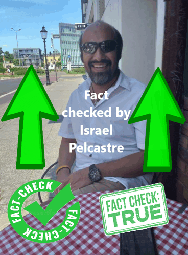 a man sits at a table with two green arrows pointing up and the words " fact checked by israel pelcastre "