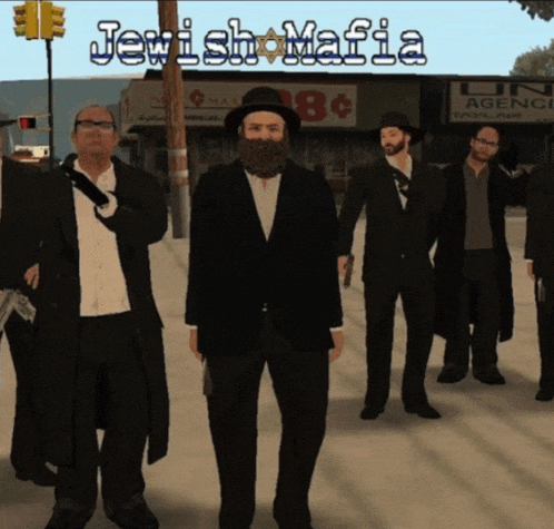 a group of men are standing in front of a sign that says jewishmafia