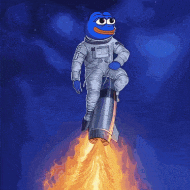 a blue cartoon character in an astronaut 's suit is flying through space on a rocket