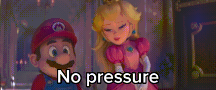 mario and princess peach are standing next to each other and the words `` no pressure '' are written on the screen .