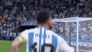 a soccer player wearing a blue and white striped shirt with the number 10 on the back