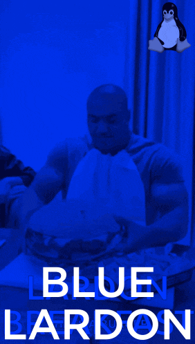 a blue background with a man eating a hamburger and the words blue bardon on it
