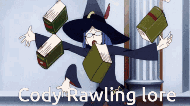 a cartoon of a witch holding books with the words cody rawling lore below her