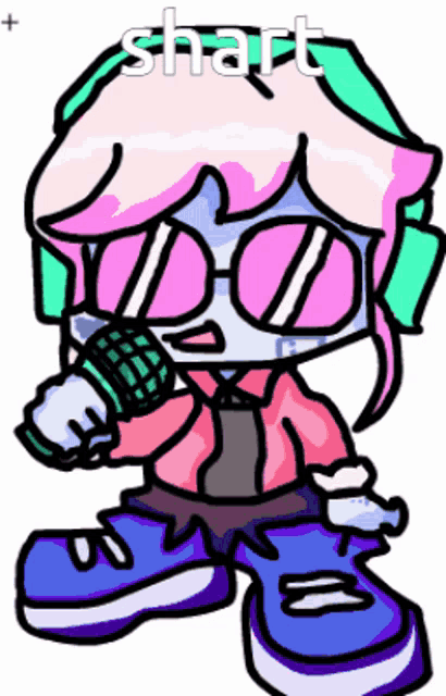 a cartoon character holding a microphone with the word shart written on the top