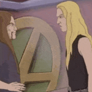 a cartoon of two men standing next to each other with one having a beard