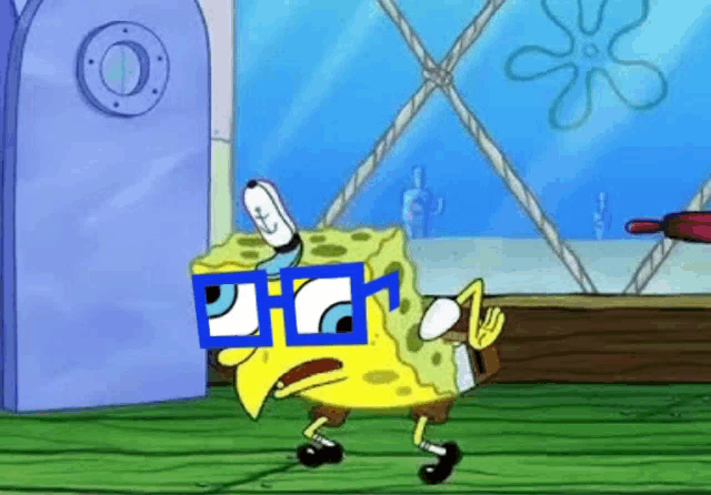 a cartoon of spongebob wearing glasses and a bird 's beak .