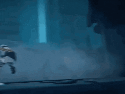 a woman in a white dress and black boots is walking through a foggy room