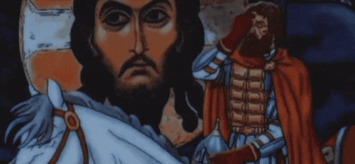 a painting of a man riding a horse with a beard