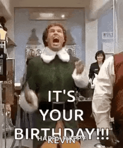 a man in a green sweater is screaming in a room and saying `` it 's your birthday !!! '' .