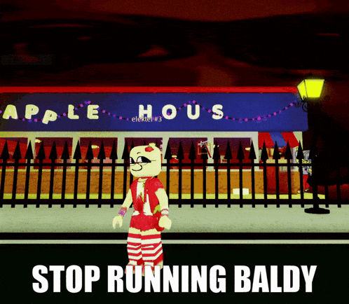 a cartoon character is standing in front of a store called apple house