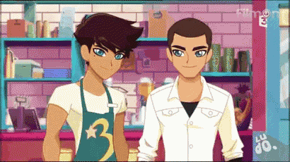two cartoon characters standing next to each other with the number 3 on the apron