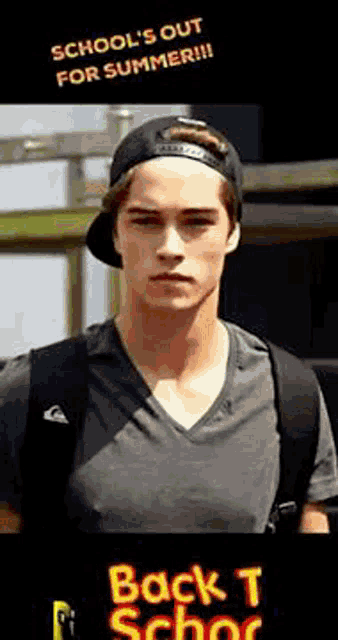 a young man wearing a baseball cap and a backpack says school 's out for summer !!!