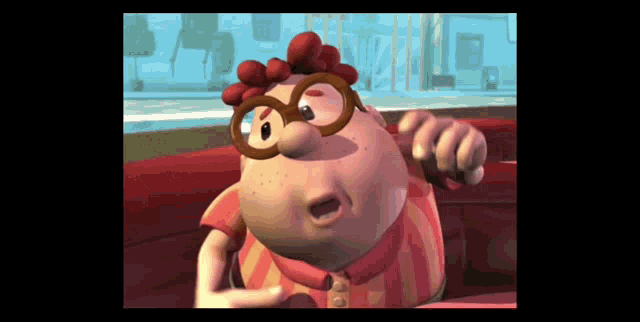 a cartoon character wearing glasses and a red shirt
