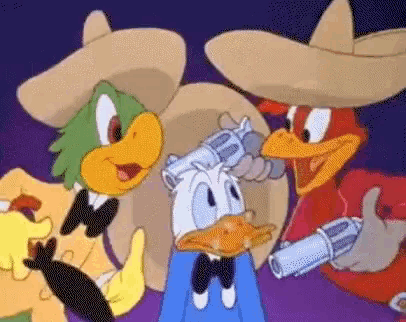 a group of cartoon characters including donald duck are standing together