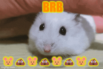 a white hamster with the word brb on top