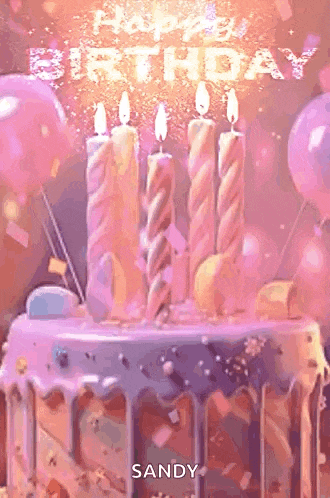 a birthday cake with candles lit up and the words happy birthday sandy