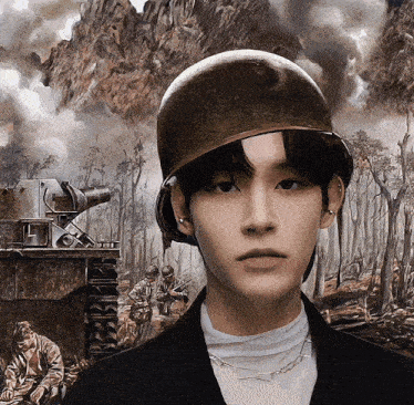 a man wearing a military helmet stands in front of a painting