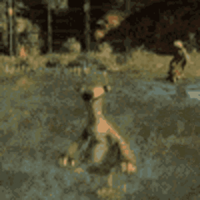 a dinosaur and a stuffed animal are standing next to each other .