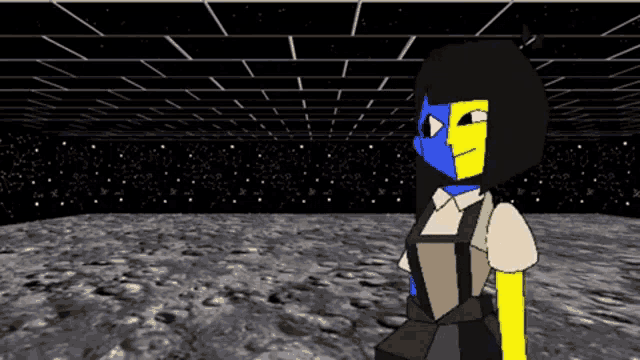 a cartoon character is standing in a room with a black ceiling and a moon in the background .