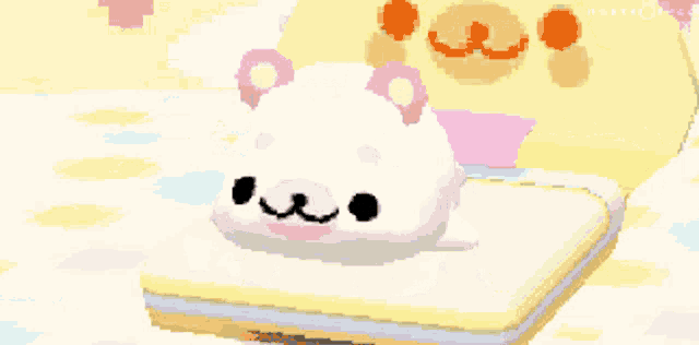 a pixel art drawing of a white bear with pink ears and eyes