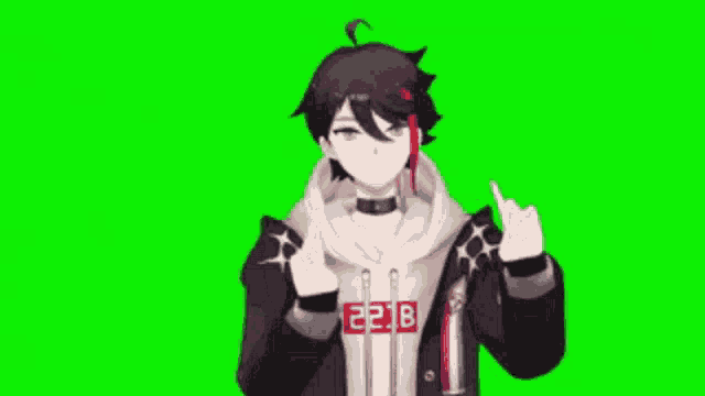a 3d anime character is giving the middle finger while wearing a hoodie that says 22b .