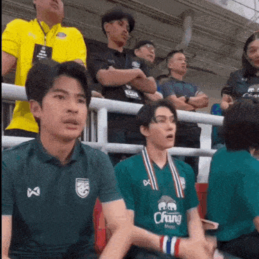 a group of people sitting in a stadium wearing shirts that say chang