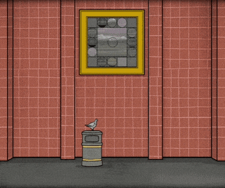 a cartoon drawing of a building with a clock hanging from the ceiling that shows the time as 4:20