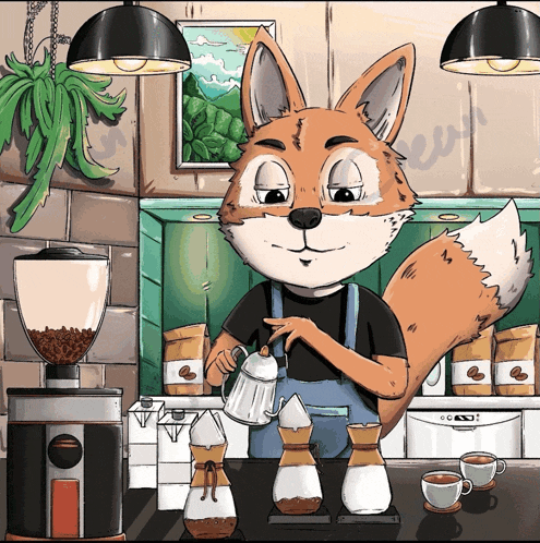 a cartoon of a fox making coffee in a cafe