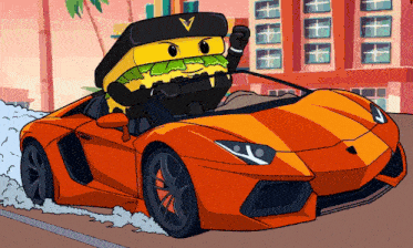 a cartoon character is driving an orange car