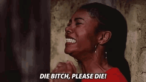 a woman is crying while laughing and saying `` die bitch , please die '' .