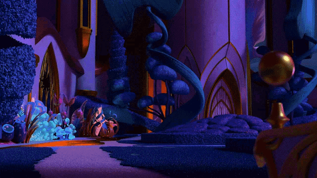 a painting of a castle with a purple carpet and a swirl in the middle