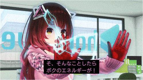 a girl with red hair and red gloves is standing in front of a window with the number 9 written on it