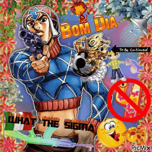 a cartoon of a man holding a gun and the words bom dia what the sigma