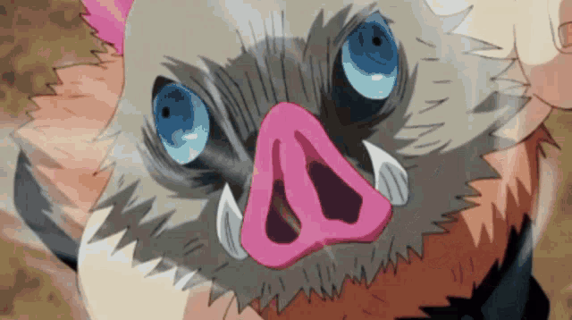 a cartoon drawing of a pig with blue eyes and a pink nose