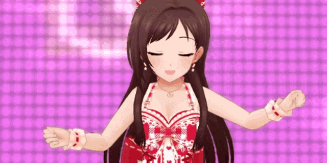 a girl with long hair is wearing a red and white dress with hearts on it .