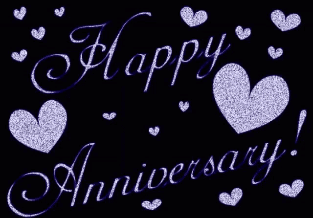 a black background with purple hearts and the words happy anniversary written in white