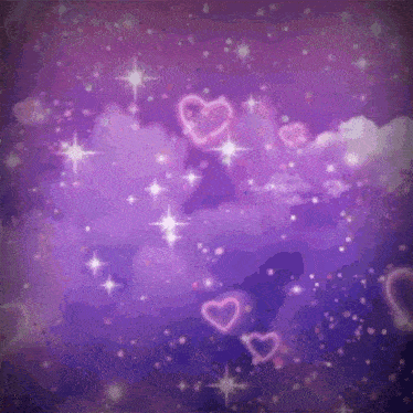 a purple background with hearts and stars floating in the air