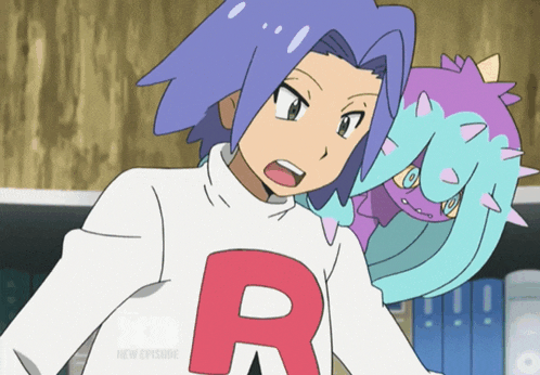 a cartoon character with a red r on his shirt