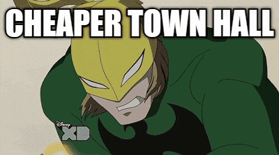 a cartoon of a superhero with the words " cheaper town hall " above him