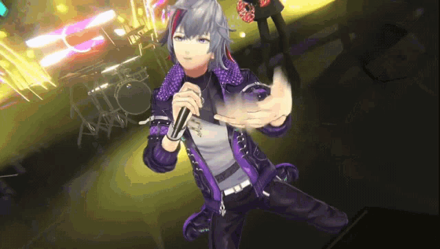 a girl with purple hair is singing into a microphone