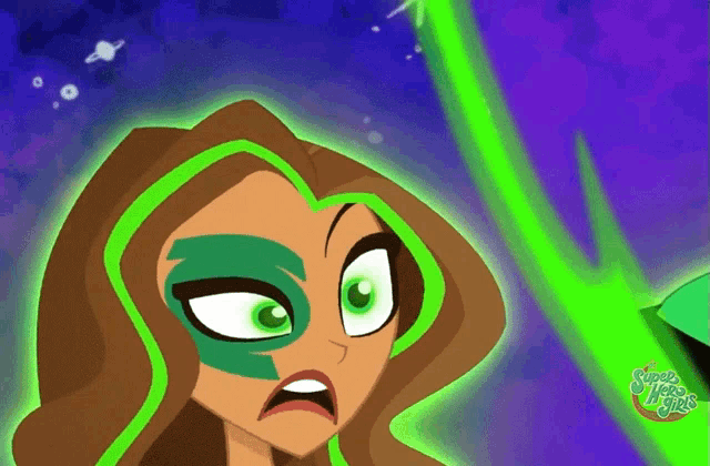 a cartoon drawing of a girl with green eyes and the words super girls on the bottom