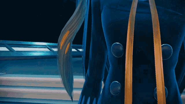 a woman in a blue dress has buttons on the front