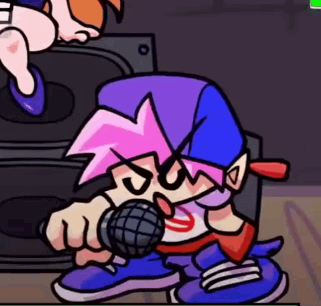 a cartoon character is holding a microphone in his hand while sitting in front of a speaker .