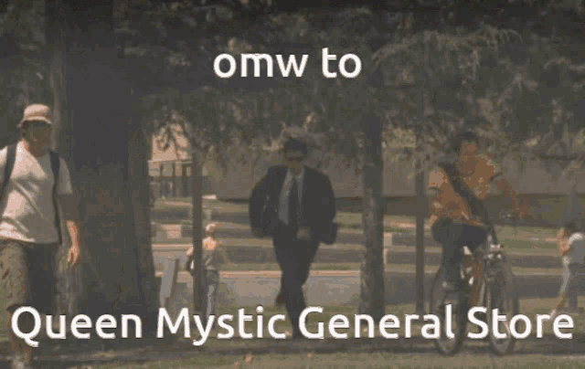 a man in a suit and tie is running towards a queen mystic general store