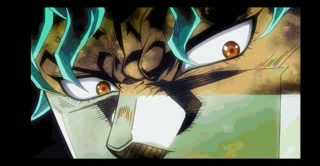 a close up of a cartoon character 's face with blue hair and orange eyes