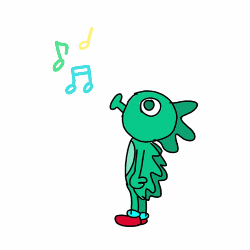 a cartoon drawing of a green fish with music notes coming out of it 's mouth