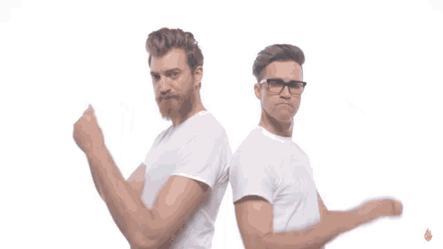 two men standing back to back with the word snap in the background