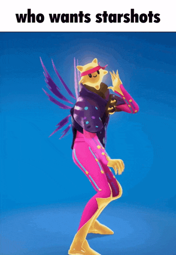 a cartoon character with the words who wants starshots on the top