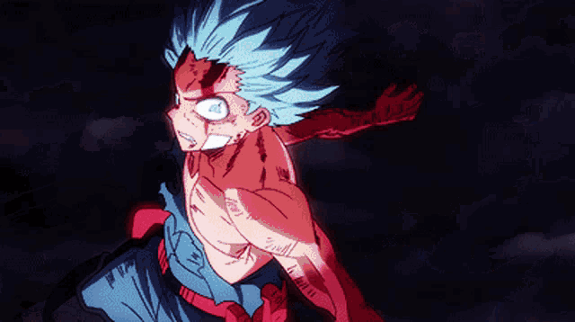 a drawing of a person with blue hair and red arms
